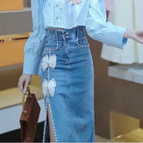 Süße mit Bändern verzierte Jeans-Midi-Rock für den Gyaru-Stil