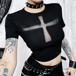 Schwarzes Gothic-T-Shirt mit Kreuz-Ausschnitt und Rückenfrei