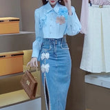 Süße mit Bändern verzierte Jeans-Midi-Rock für den Gyaru-Stil