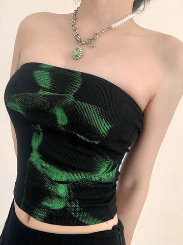 Schulterfreies Techwear Crop-Top in Schwarz mit Grünem Muste