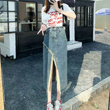 High Waist Jeansrock mit Fransen und Schlitz und den Y2K-Stil