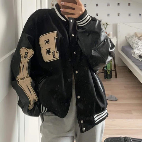 Y2K Baseball Bomberjacke für Frauen mit Knochen-Detail und Patches