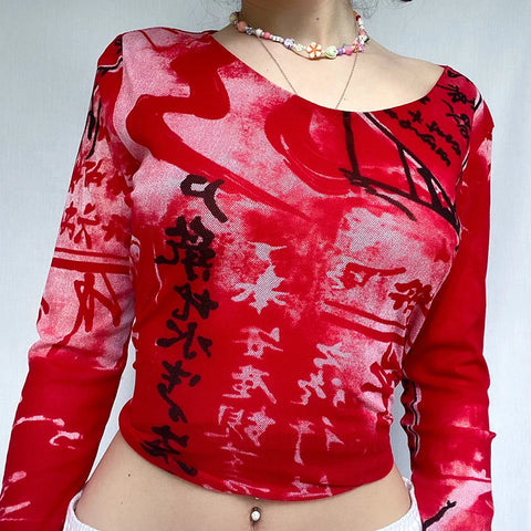 90s T-shirt E-girl Aesthetic Graphic Print Long Sleeve Cropped Top