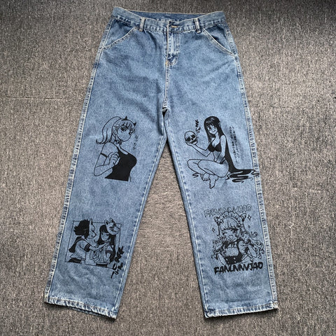 Vintage Jean in Blau aus den 90ern mit schwarzem Manga-Druck