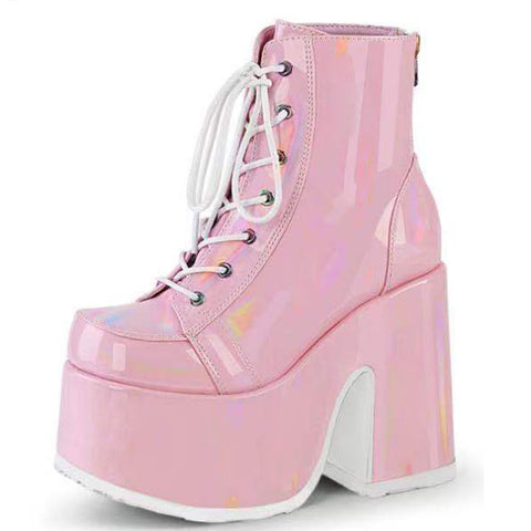 Platform High Heel Stiefeletten Stil Lolita Gothic für Frauen glänzen rosa veganes Leder