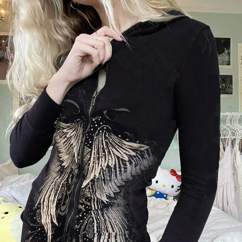 Schwarzes Goth-Kleid mit Kapuze und Engelsflügel-Druck