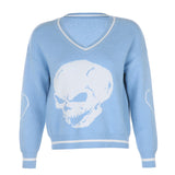 Himmelblauer Grunge-Pullover mit Totenkopf-print