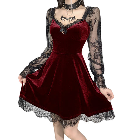 Rote gothic-Velvet kleid mit Netzarmen
