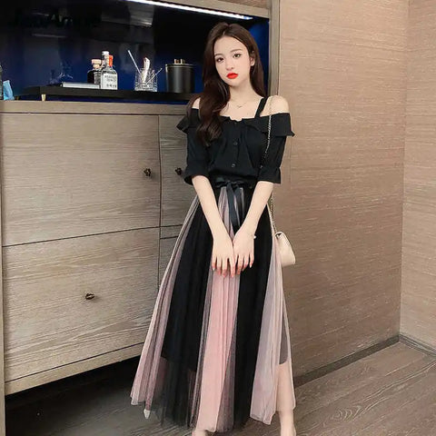Women Summer Clothing Suit Fashion Slash Neck Black Shirt Skirts Set Korean