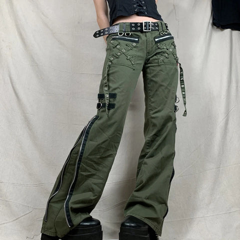 Baggy Gothic Cargo-Hose mit Reißverschluss in Grün für alternative Styles | Jetzt entdecken!