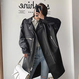 Oversized schwarze Leder Bikerjacke für Damen Lässiger Stil