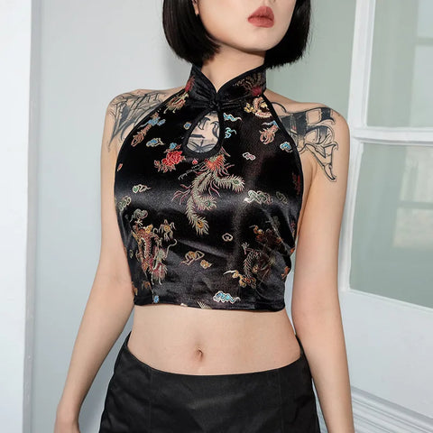 Vintage Crop Top mit Halterneck und Drachenstickerei im chinesischen Stil