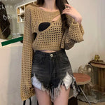 Gestricktes Crop Top mit Lochmuster und O-Ausschnitt für einen trendigen Look