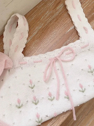 Entzückendes Gestricktes Lolita-Weste mit Blumenmuster und Schleifen