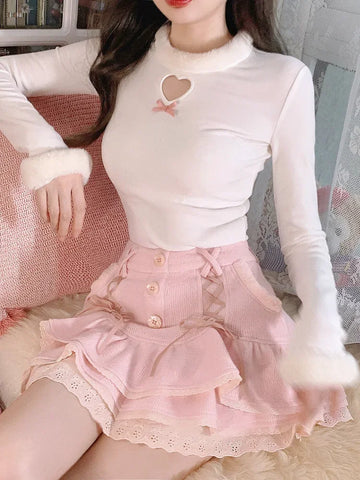 Kawaii Lolita Minirock in Rosa Winterliche Eleganz mit Spitzen und Rüsche