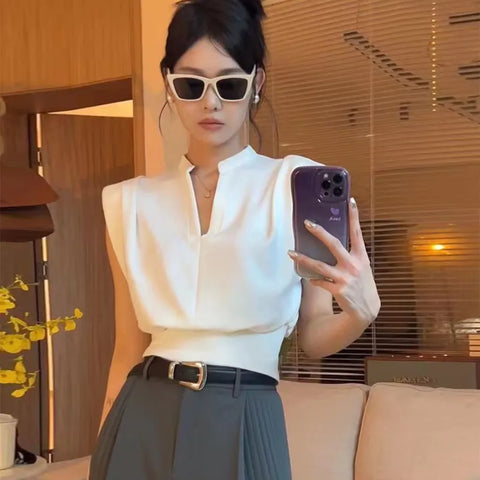 Women Blouses V-neck Korean Style Elegant Chic White Sleeveless Shirts