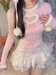 Rosa Kawaii-Lolita Pullover mit Herzdesign und Pelzbesatz