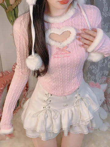 Rosa Kawaii-Lolita Pullover mit Herzdesign und Pelzbesatz