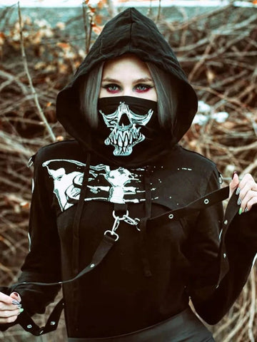 Schwarze Gothic-Punk Bauchfreie Hoodies mit Langen Ärmeln
