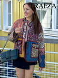 Ethno-Boho Damenjacke mit Blumenprint und Kontrasttaschen 2024