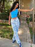 E-Girl Zweifarbiger Streifenblau und Weiß Druck Hose