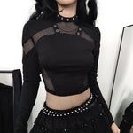 Gothic Crop-Top mit Netzärmeln und Halsband-Detail