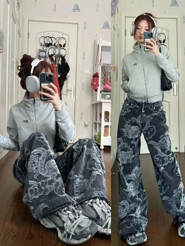 Y2K Baggy Jeans mit Drachenprint Hang Loose