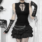 Sexy Gothic-Crop-Top mit schwarzem Kreuz auf Spitz