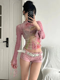 **Schicke Rosa Mesh Tops im 2000er Fairycore Stil – Sexy cropped Langarmshirt für alternative Mode**