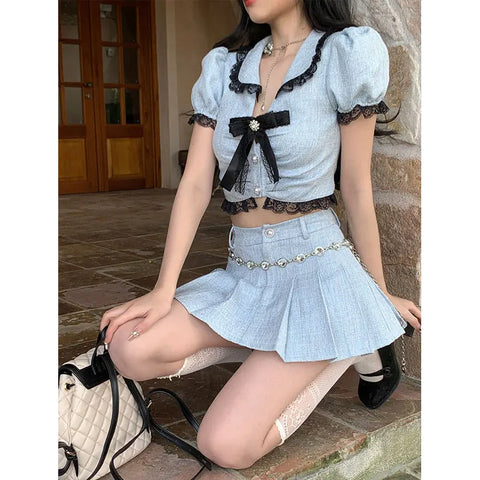 Lolita Crop Top und Minirock Set mit Peter-Pan-Kragen und Schleif