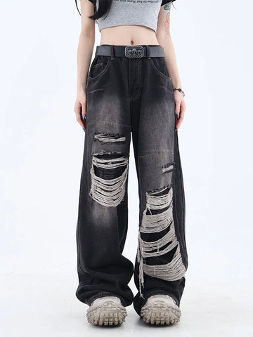 Frauen Gothic Schwarze Jeans Hohe Taille Vintage Koreanische Mode
