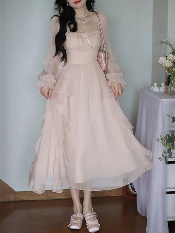 Soft-girl Dress Women Korean Style Elegant Party Midi Dress Female Court Retro Flare Sleeve Dresses
