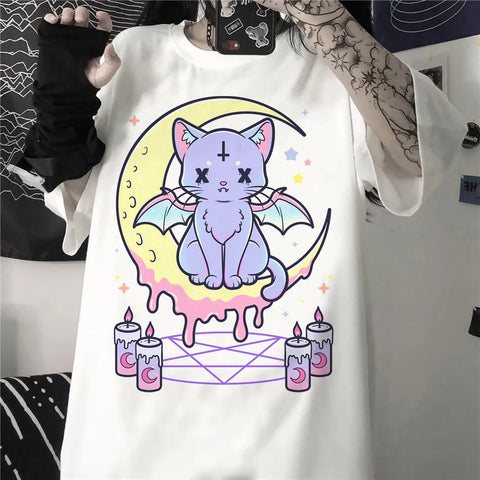 Pastel Goth Unisex Grafik T-Shirt mit gruseligem Katzen-Motiv