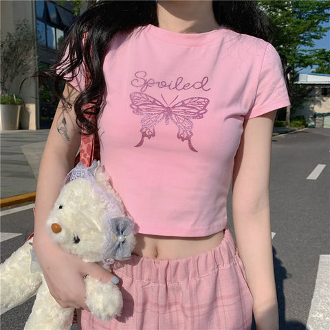 Süße Harajuku E-Girl T-Shirts in Rosa mit Glitzer-Schmetterling