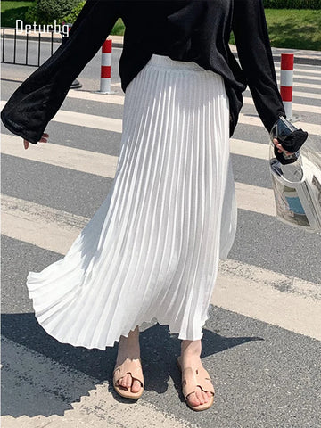 Women's Stretch Pleated Midi Long Skirt Female Korean Fashion Casual High Waist