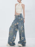 Blumen-Denim-Hosen im soft-girl-til mit weitem Bein