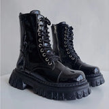 Gothic Biker Combat Boots für Damen Elegante Kurzschuhe im glänzenden Schwarz