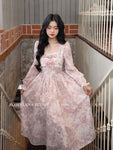 Korean Pink Floral Elegant Dress Women Bandage Lace Print Sweet Vintage