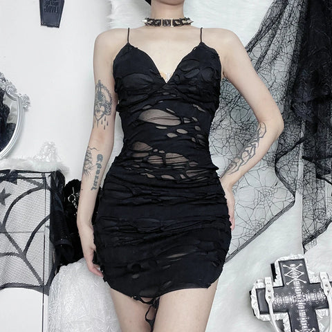 Schwarzes Gothic-Minikleid mit V-Ausschnitt und Aussparungen