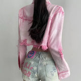 Rosa Jeansjacke Tie-dye im Ausgeschnitten-Stil für Soft-Girl