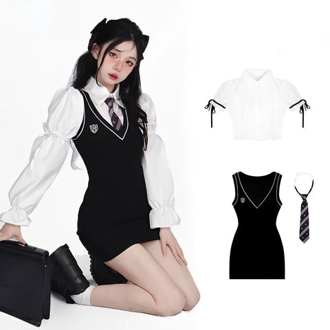 Knitted Suits Korean Style Sexy Bodycon Y2k Mini Dress + White Blouse Fashion Suits Even Party Clothing Chic