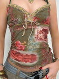 Vintage Y2K-Blumenmuster Camisole mit Mesh-Detail