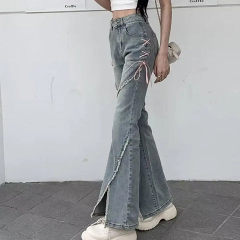 Flared koreanische Jeans mit Schleifen und Patchwork für Baddies