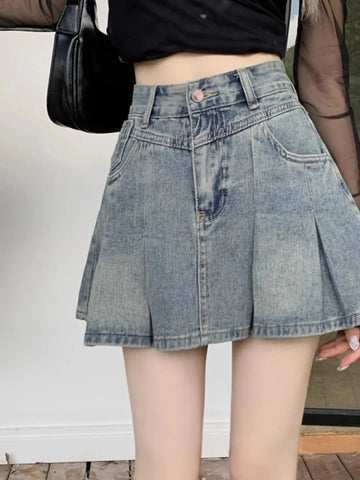 Denim Rock für Frauen  Hohe Taille, A-Linie, Slim Fit im Koreanischen