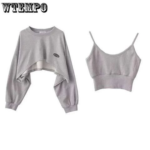 Y2K Damen Cropped Sweatshirt und Top Set in Grau – Lässig und Trendy