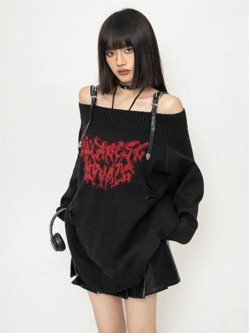 Gothic Oversized Strickpullover mit Freischnitten