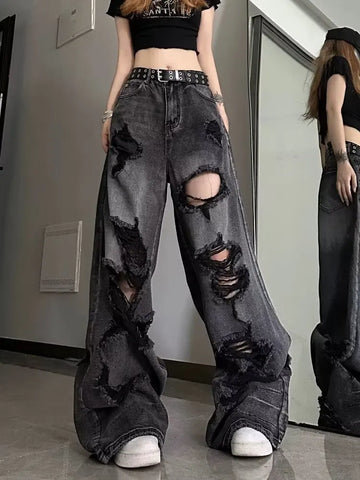 Hochtaillierte Wide Leg Jeans im Grunge-Stil mit Rissen für edgy Look