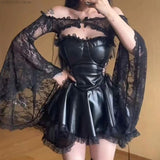 Gothic Leder Imitat schwarzes Ausschnitt-Kleid mit Puffärmeln und Spitze