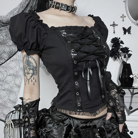 Frauen Gothic Bandage Top in Schwarz mit Spitze und Schnürun