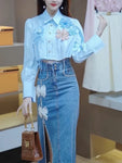 Süße mit Bändern verzierte Jeans-Midi-Rock für den Gyaru-Stil